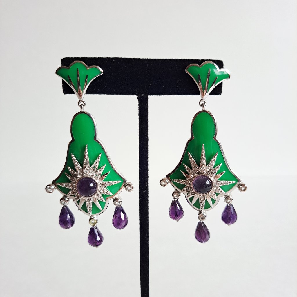 New Cristina Sabatini Green Purple Silver Earrings